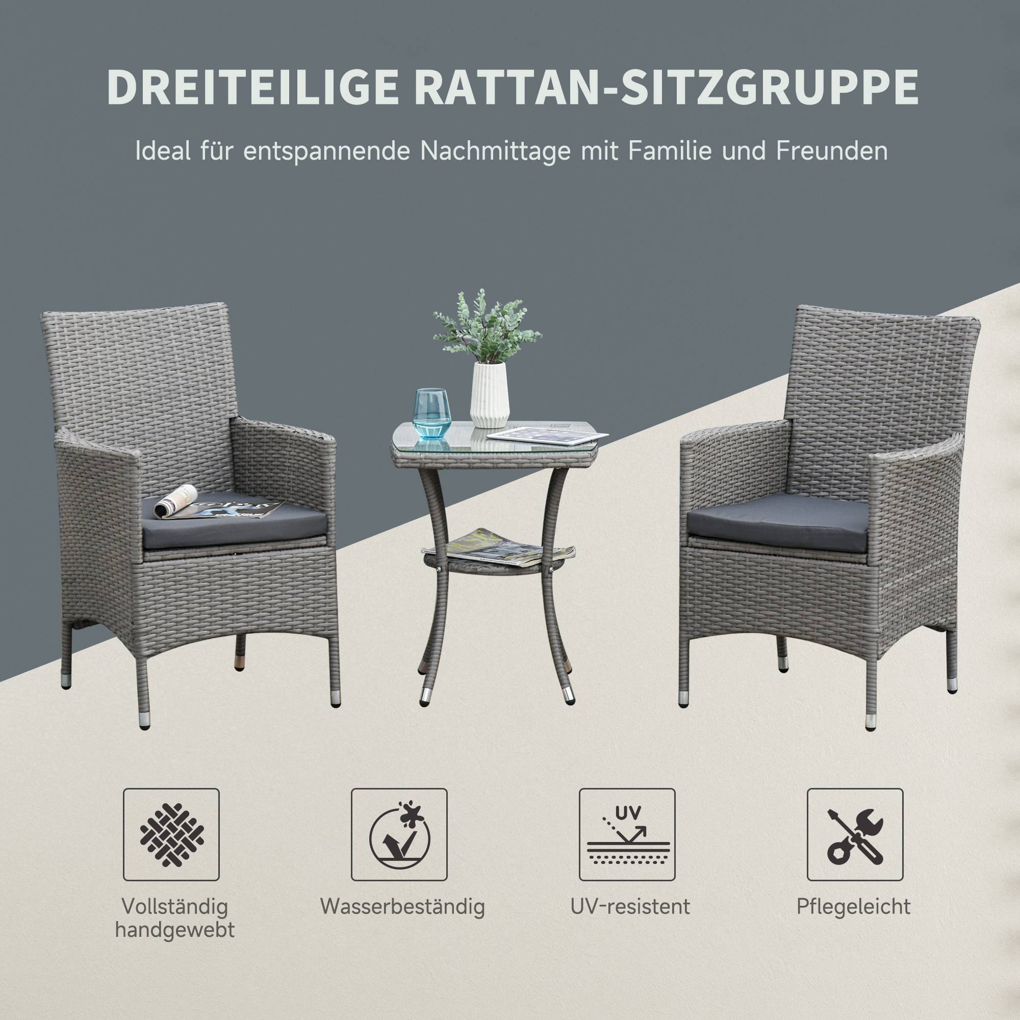 Salon de Jardin Bistro Résine Tressée Balcon 2 Personnes Table Verre Coussins Gris - ComfortXL Outdoor Living - Image 4