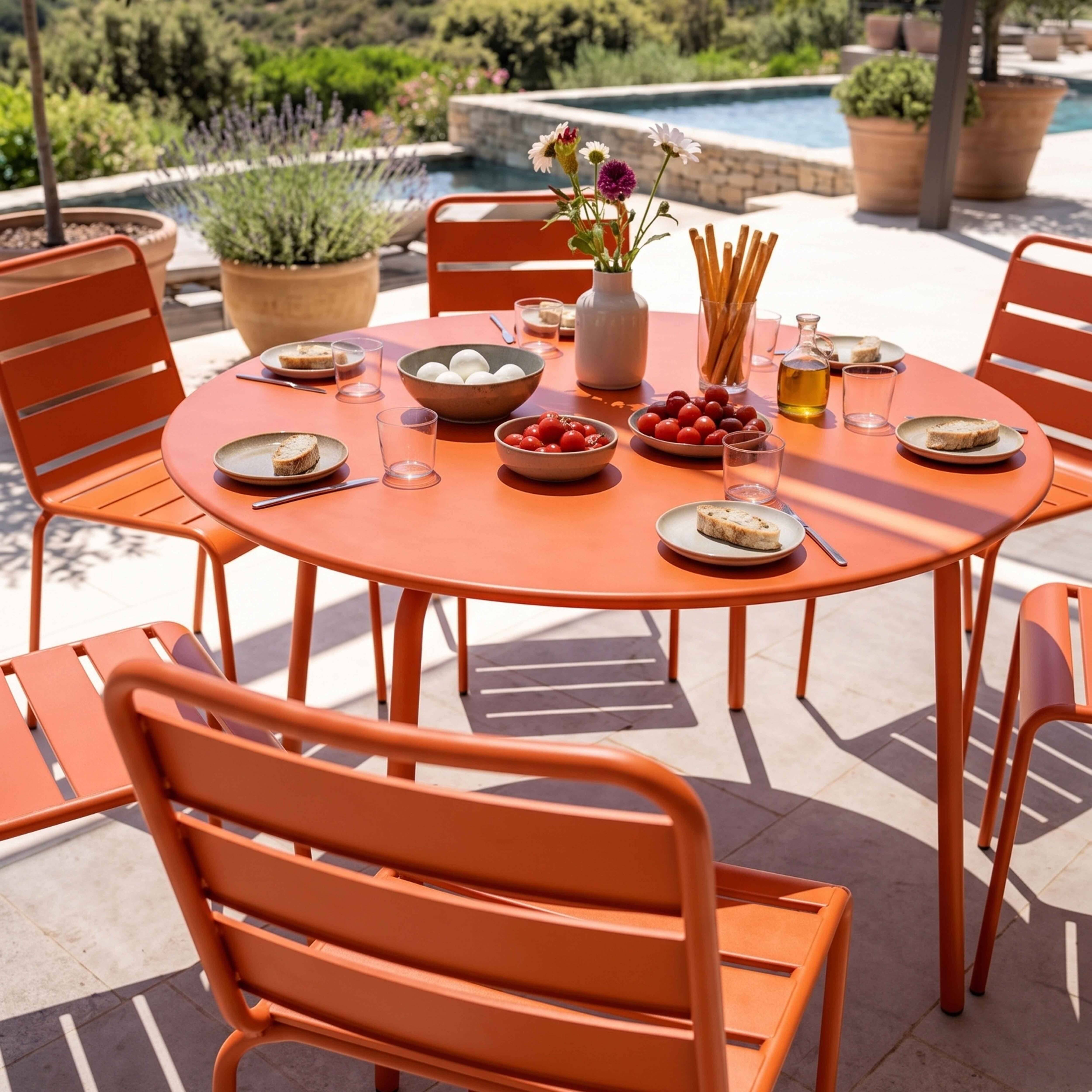 Oviala - Ensemble table de jardin ronde et 6 chaises en métal orange Palavas - Oviala - Image 4