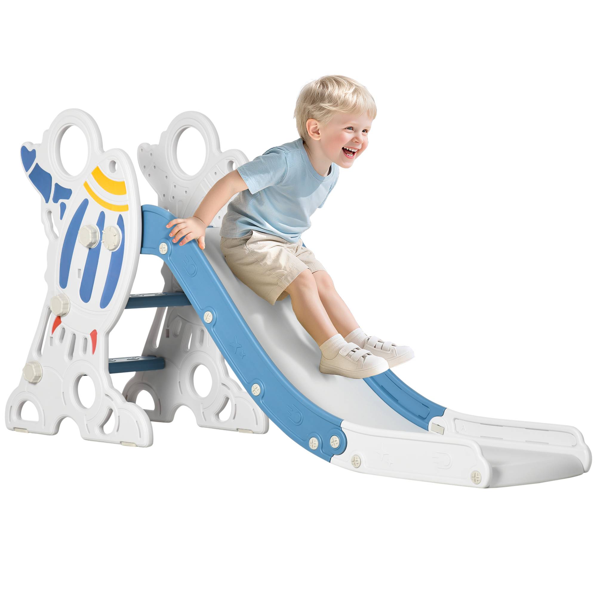 Toboggan pour enfants de 1,5 à 3 ans, motif fusée, avec autocollants, bleu, 157 x 46,5 x 80 cm - Image 1