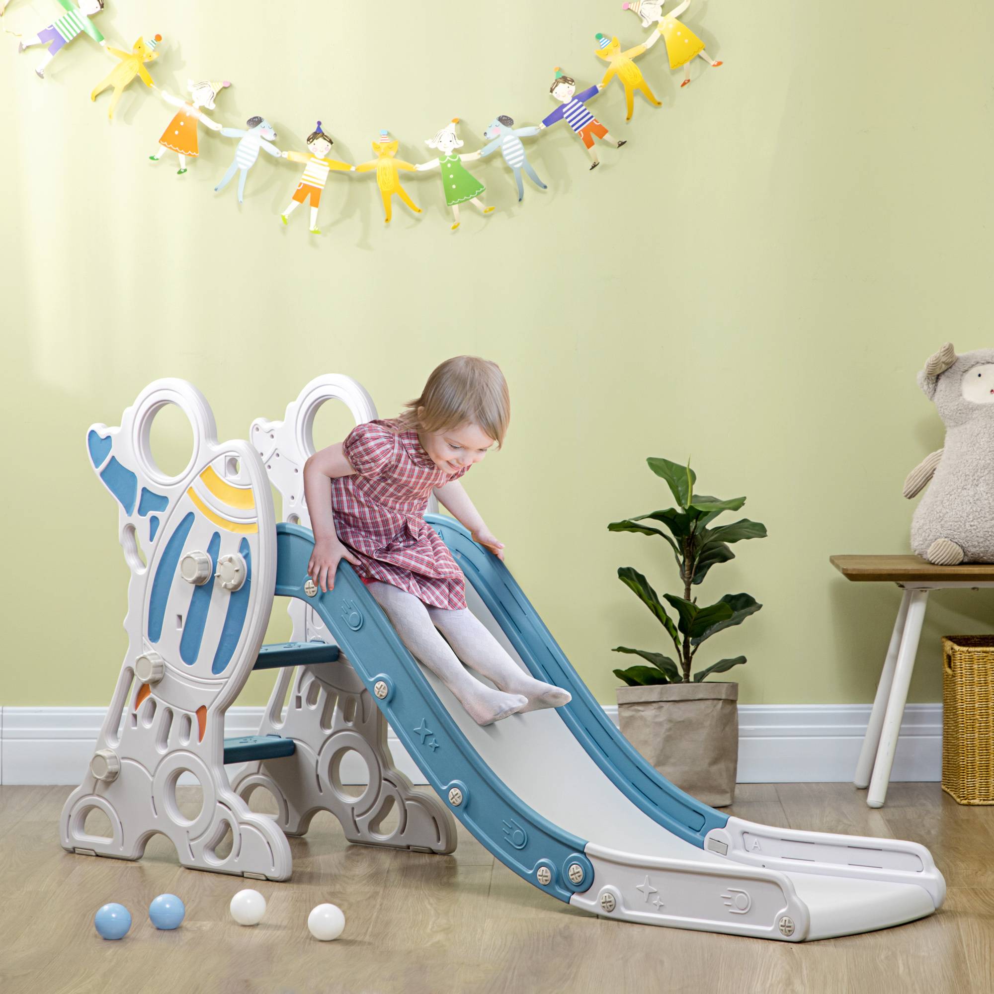 Toboggan pour enfants de 1,5 à 3 ans, motif fusée, avec autocollants, bleu, 157 x 46,5 x 80 cm - Image 4