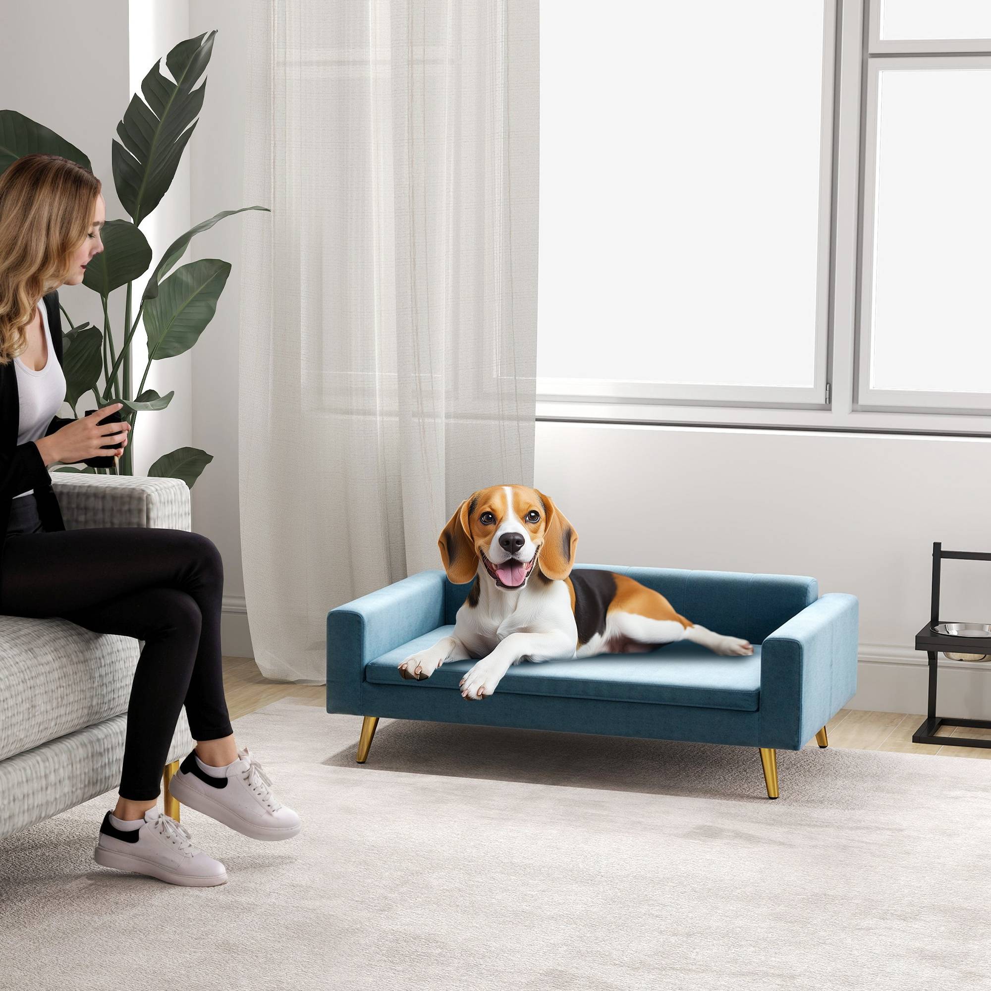 Sans Marque - Canapé chien lit pour chien design scandinave coussin moelleux pieds métal doré 94 x 59,5 x 31,5 cm velours soyeux bleu - Image 4