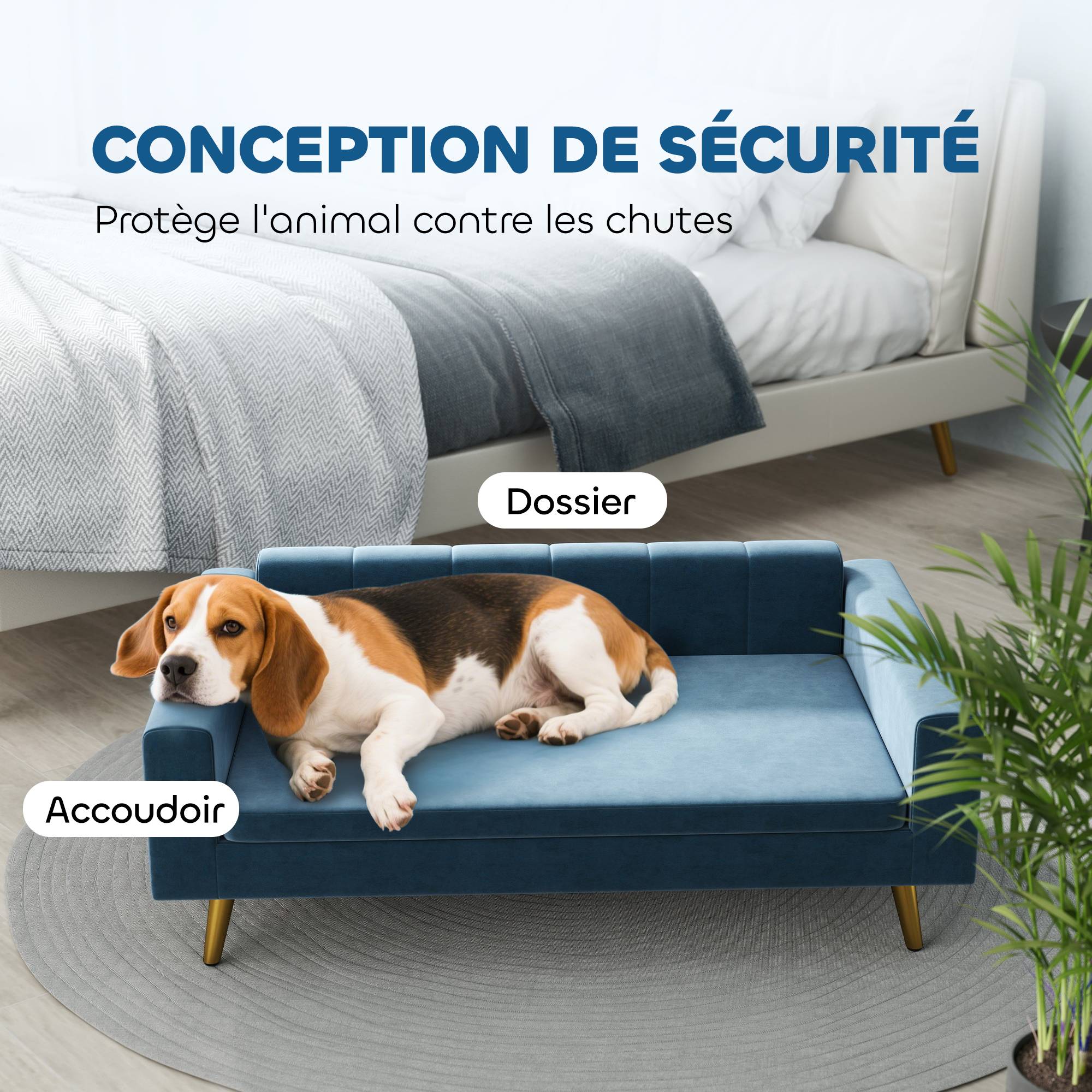 Sans Marque - Canapé chien lit pour chien design scandinave coussin moelleux pieds métal doré 94 x 59,5 x 31,5 cm velours soyeux bleu - Image 9