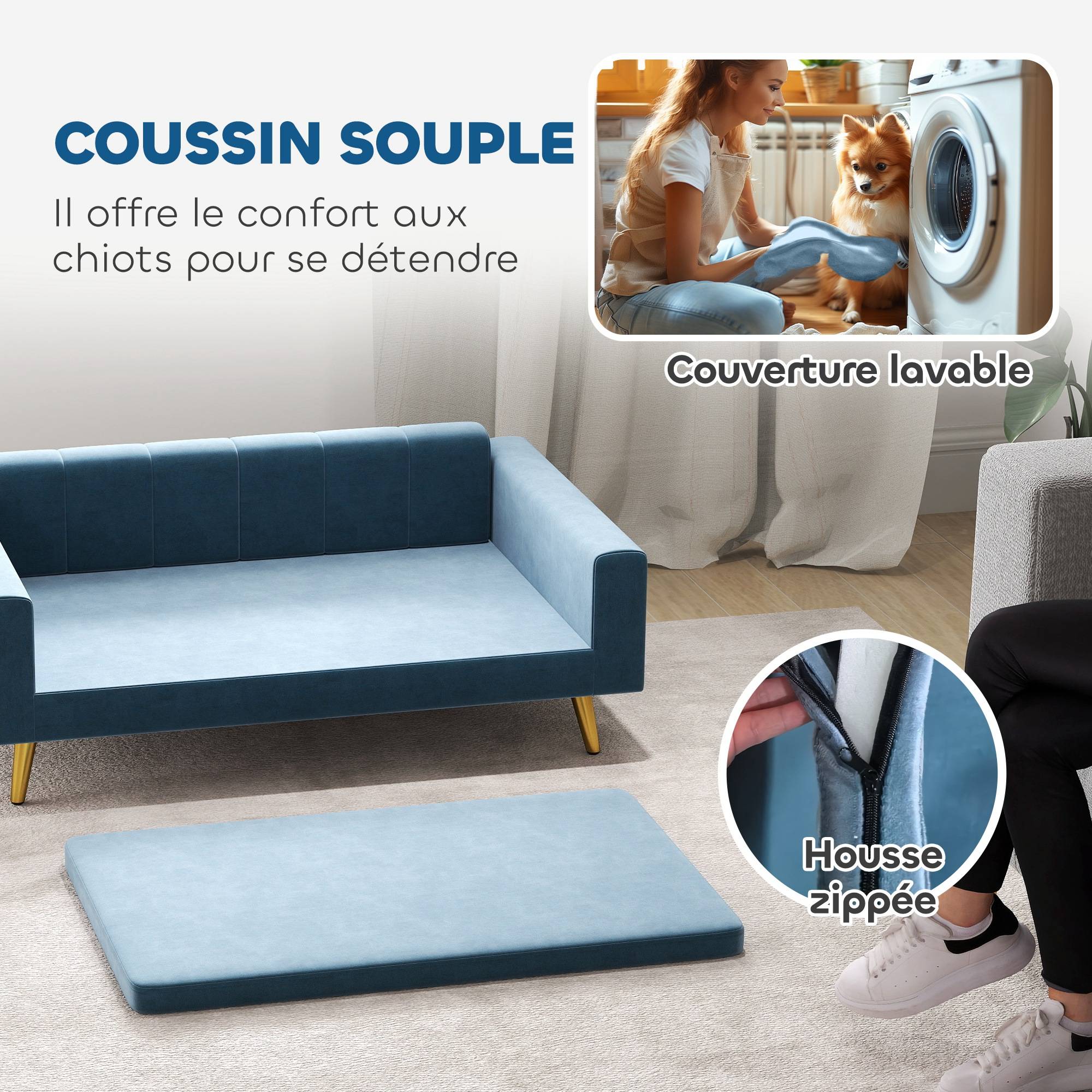 Sans Marque - Canapé chien lit pour chien design scandinave coussin moelleux pieds métal doré 94 x 59,5 x 31,5 cm velours soyeux bleu - Image 7