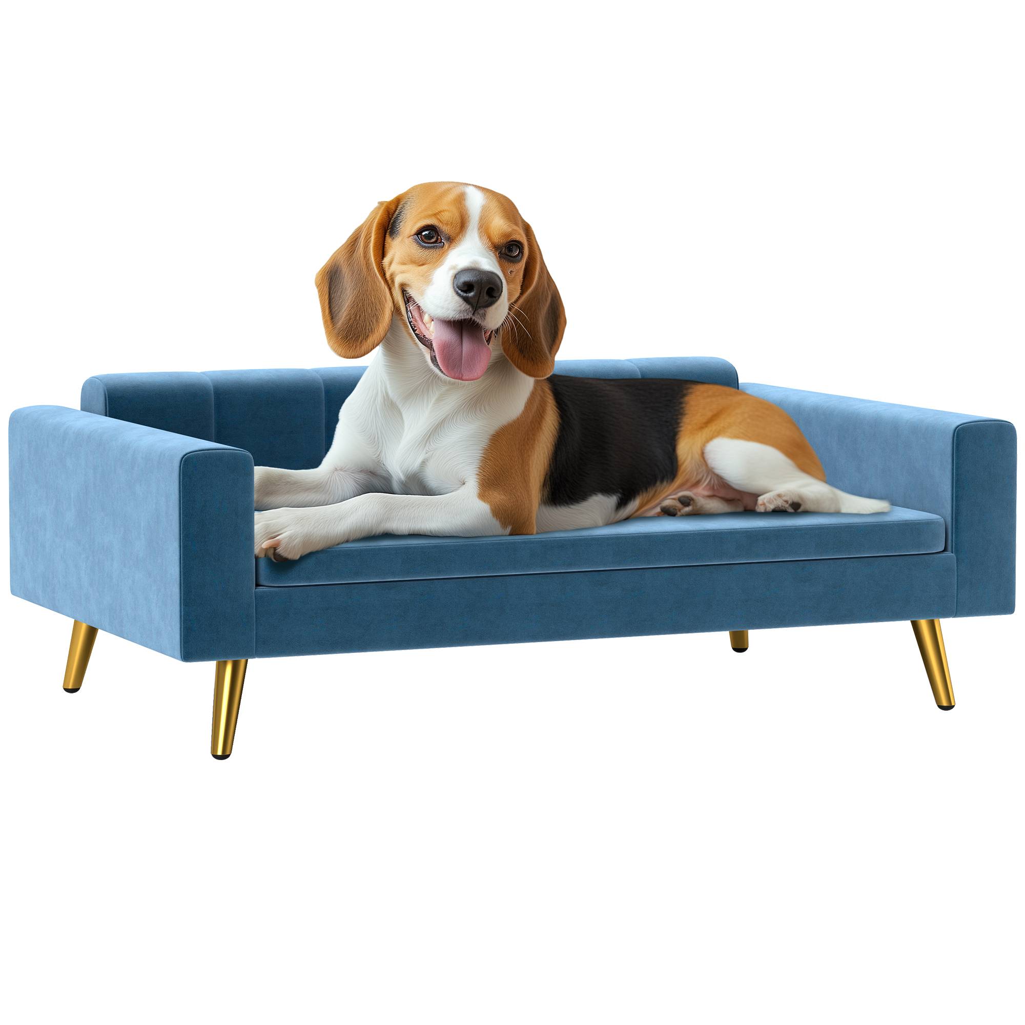 Sans Marque - Canapé chien lit pour chien design scandinave coussin moelleux pieds métal doré 94 x 59,5 x 31,5 cm velours soyeux bleu - Image 1