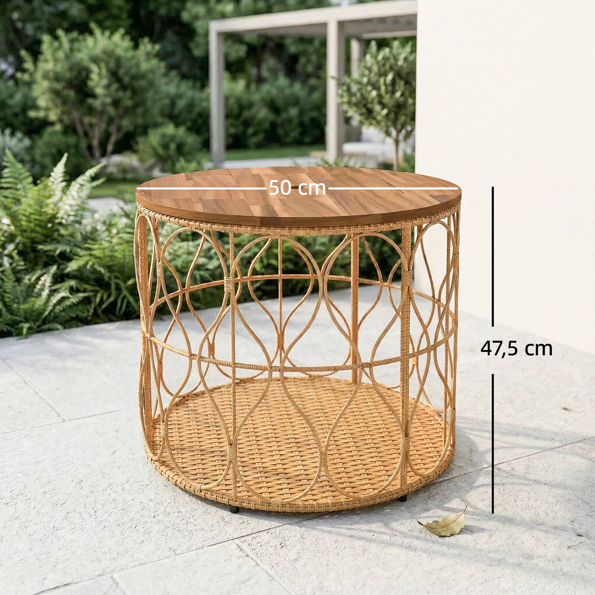 Table d'appoint Ø50 cm, table de jardin résistante aux intempéries aspect rotin, plateau en bois d'acacia, pieds réglables, teck - Image 5