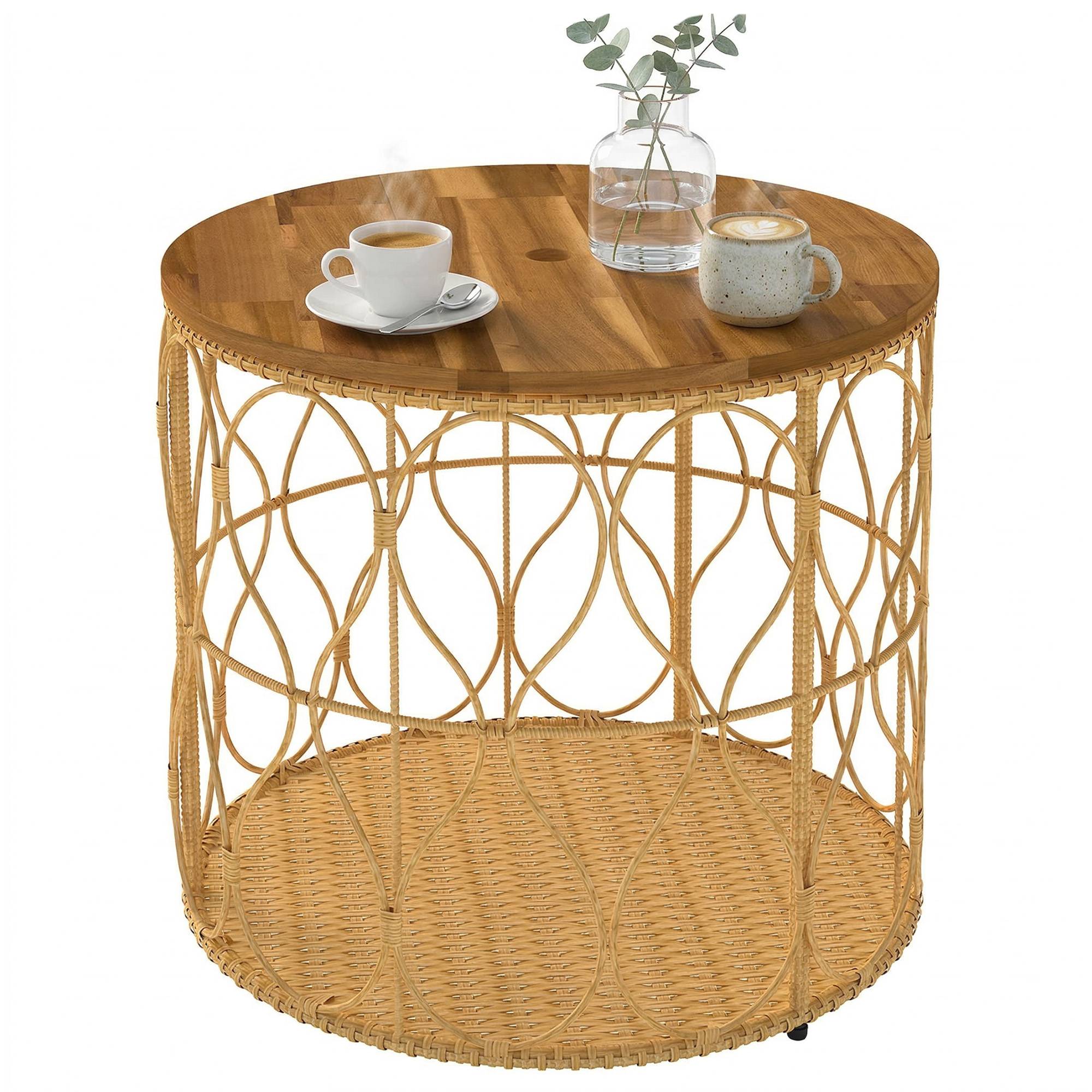 Table d'appoint Ø50 cm, table de jardin résistante aux intempéries aspect rotin, plateau en bois d'acacia, pieds réglables, teck - Image 1
