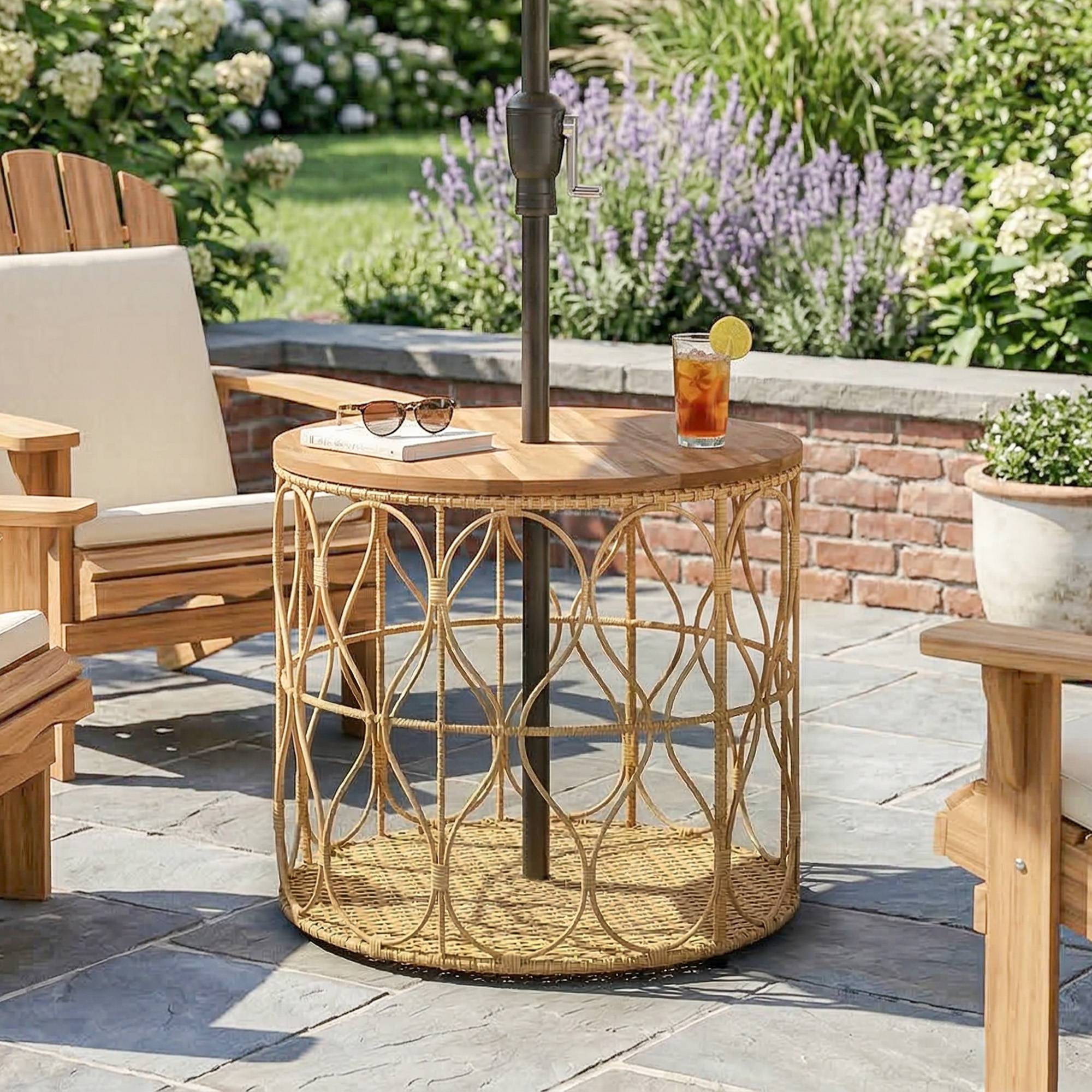 Table d'appoint Ø50 cm, table de jardin résistante aux intempéries aspect rotin, plateau en bois d'acacia, pieds réglables, teck - Image 3