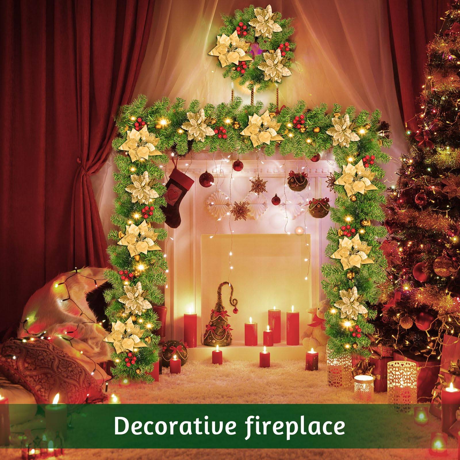 Guirlande de Noël de 270 cm avec lumières LED, décoration de Noël, couronne de Noël artificielle illuminée avec fleurs, décorations pour sapin de Noël - Image 2