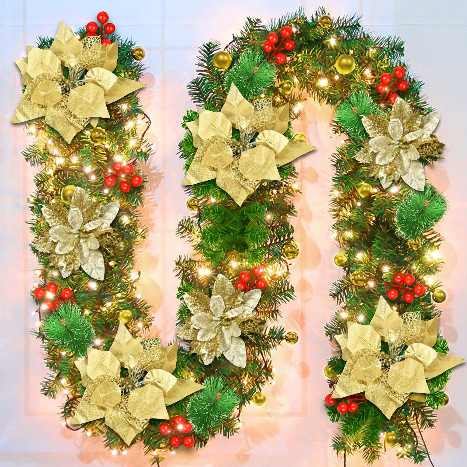 Guirlande de Noël de 270 cm avec lumières LED, décoration de Noël, couronne de Noël artificielle illuminée avec fleurs, décorations pour sapin de Noël - Image 1