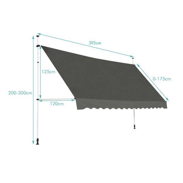 Helloshop26 - Auvent manuel rétractable 400 cm hauteur réglable de 200-300 cm store banne fait en aluminium et tissu oxford anti UV gris - Image 4