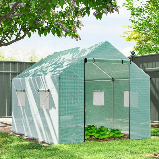 Sans Marque - Serre de jardin tunnel 2 x 3m, 6m² avec porte enroulable, 4 fenêtres, - Acier galvanisé PE Haute densité Vert - Image 3
