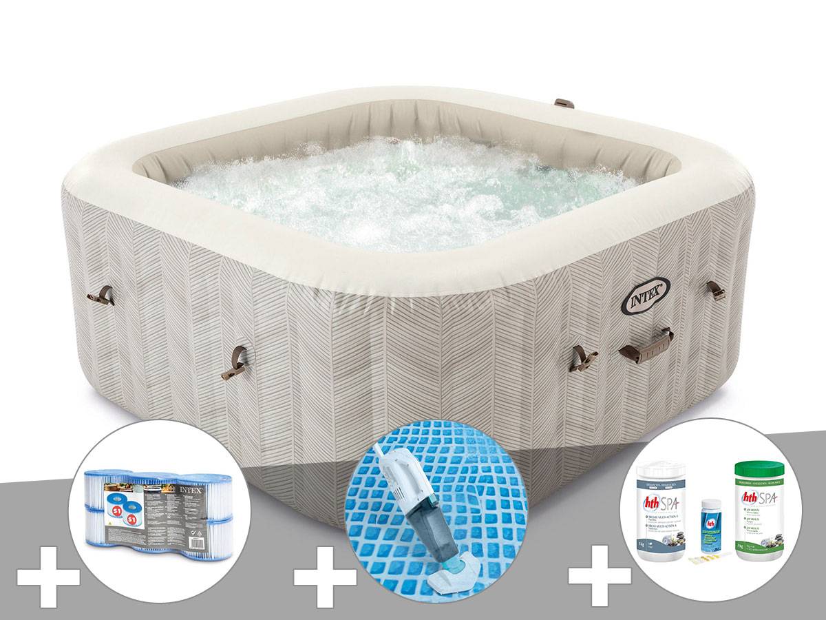 Kit spa gonflable Intex PureSpa Chevron carré Bulles 6 places + 6 filtres + Aspirateur + Kit de traitement brome