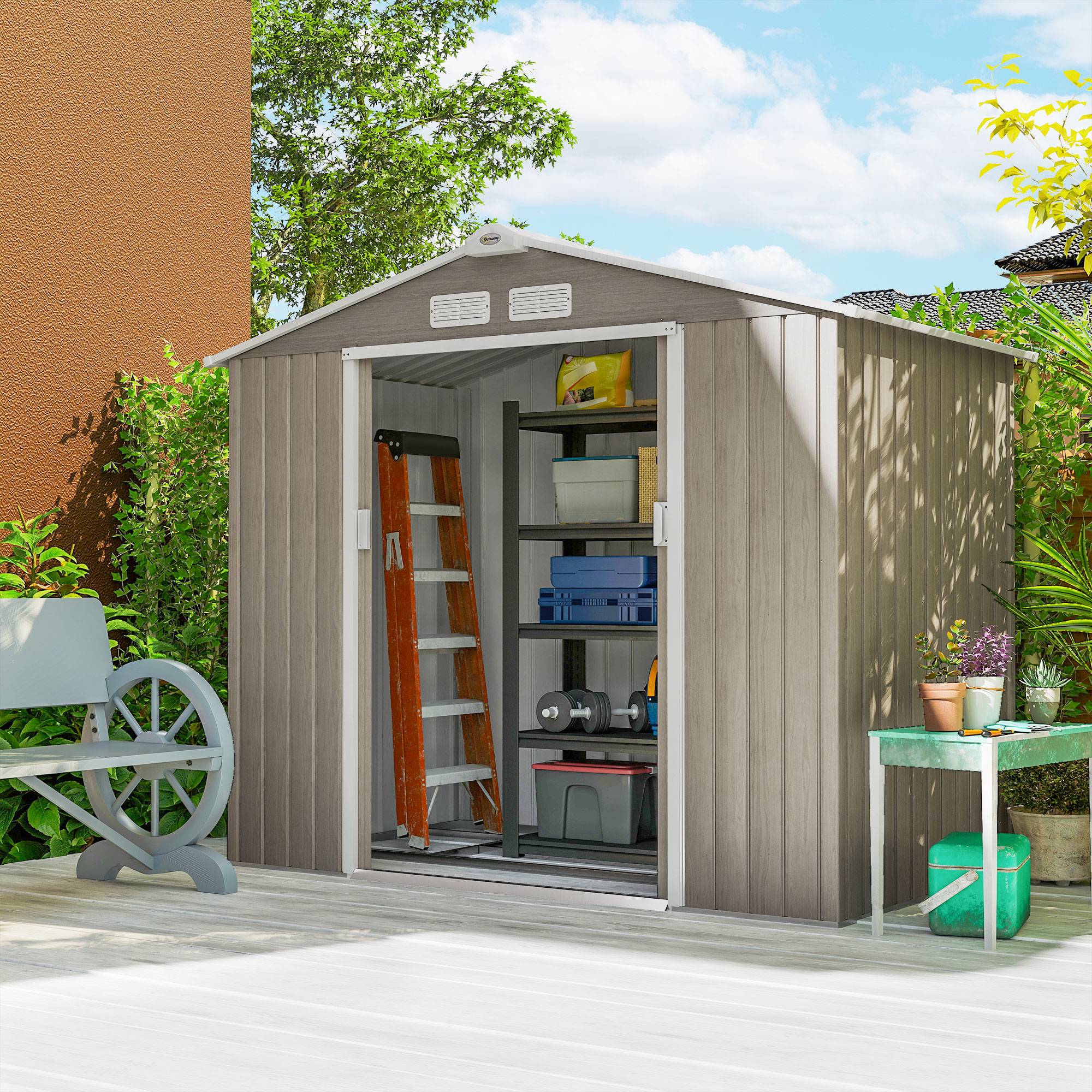 Abri de jardin de 2,42 m² (213 x 130 x 185 cm) avec 2 portes coulissantes, toit en pente et 4 fenêtres imitation bois - Image 10