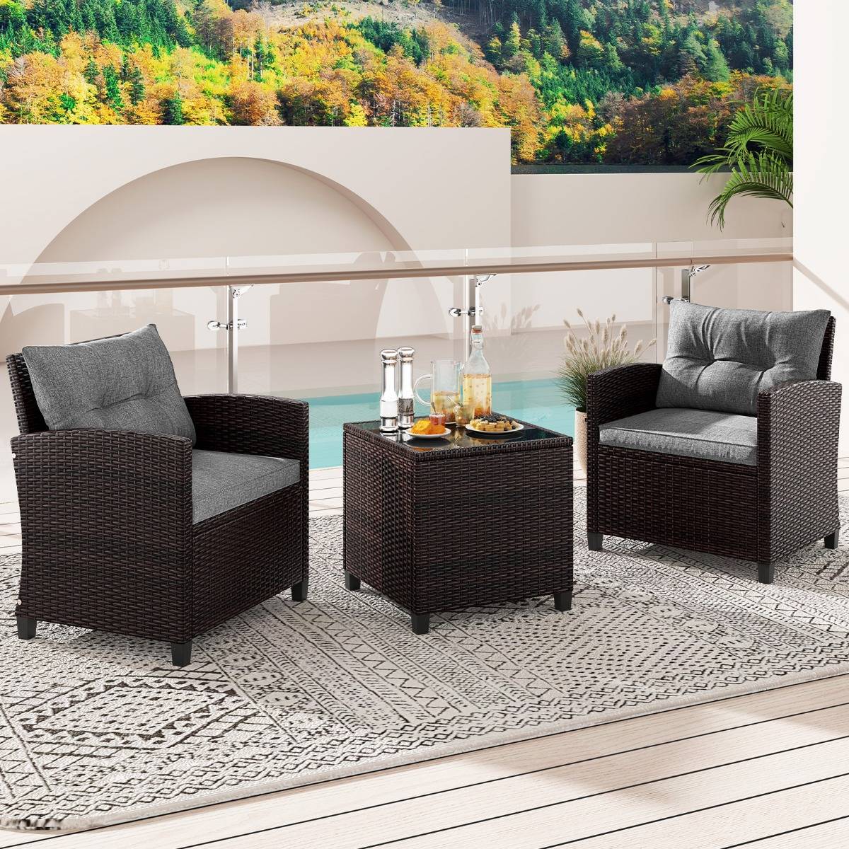 Salon de Jardin en Rotin PE 3 Pièces 2 Places avec Coussins Lavables 1 Table en Verre Trempé Gris - Image 3