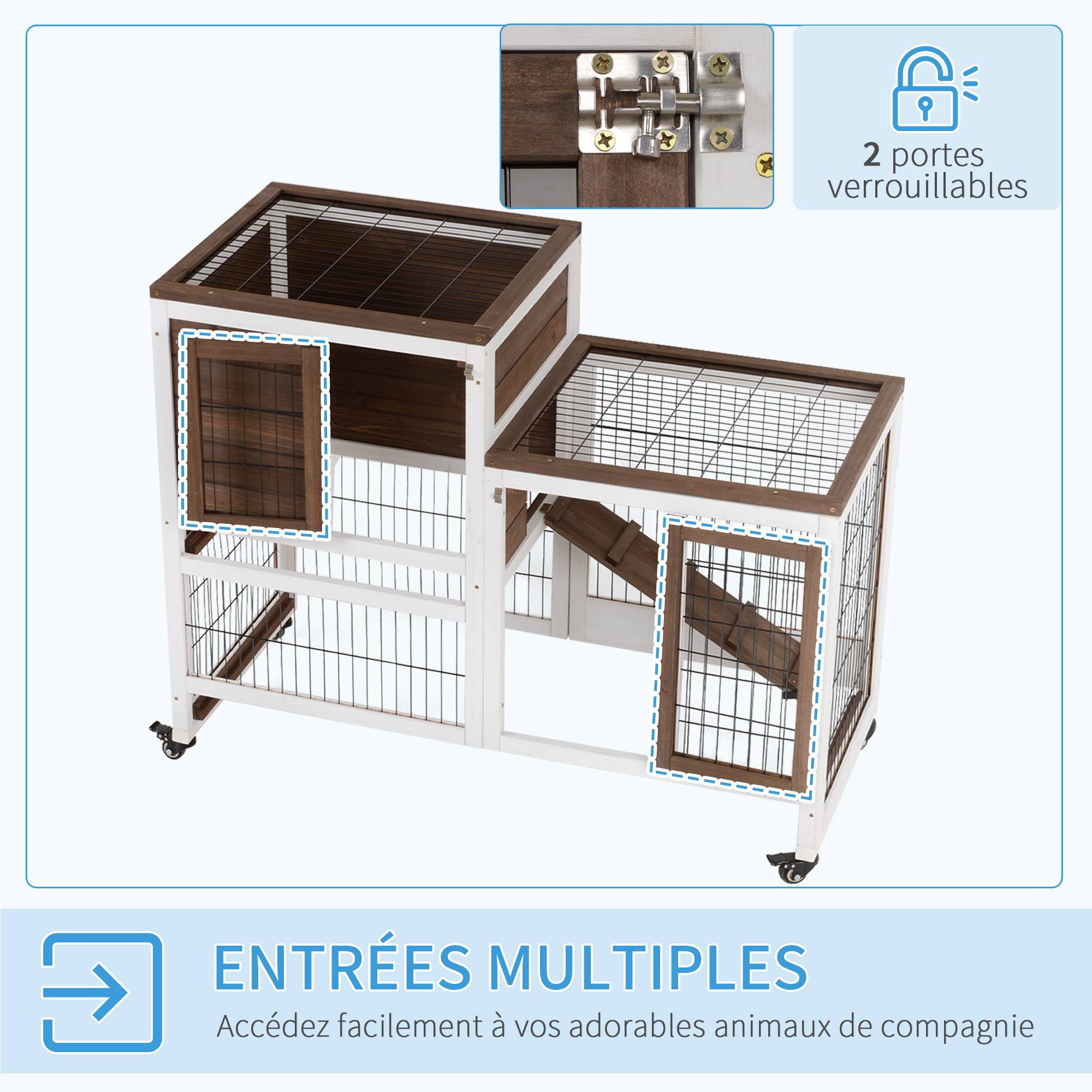 Clapier à lapin sur roulettes cage à lapin 2 étages 2 portes verrouillables 2 plateaux coulissants rampe - Image 7