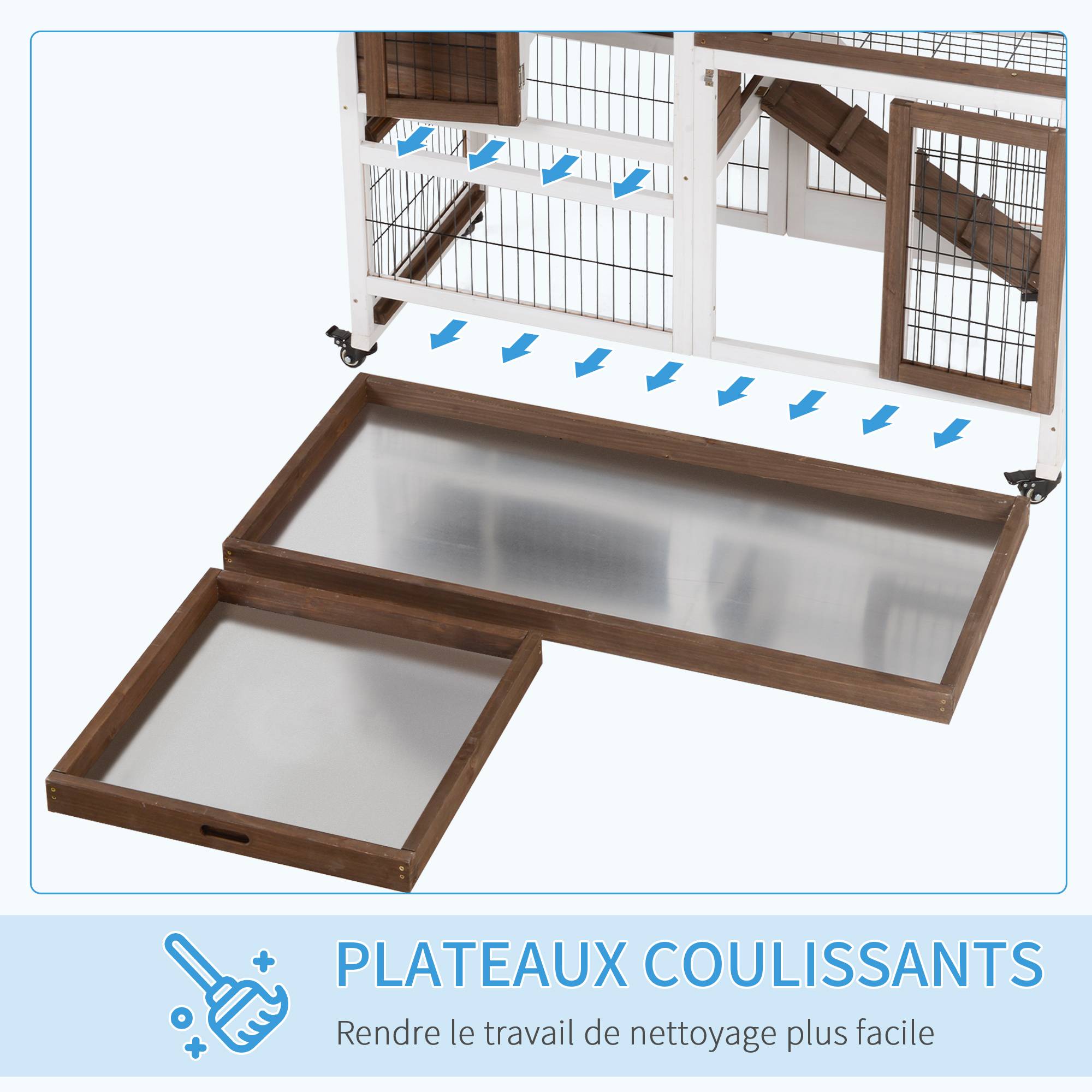 Clapier à lapin sur roulettes cage à lapin 2 étages 2 portes verrouillables 2 plateaux coulissants rampe - Image 8