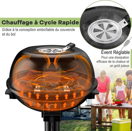 Barbecue Électrique Extérieur 1600 W, Grill Portatif sur Pied avec Grille Amovible Antiadhésive Température Réglable, Idéal pour Cuisson Balcon Terras - Image 3