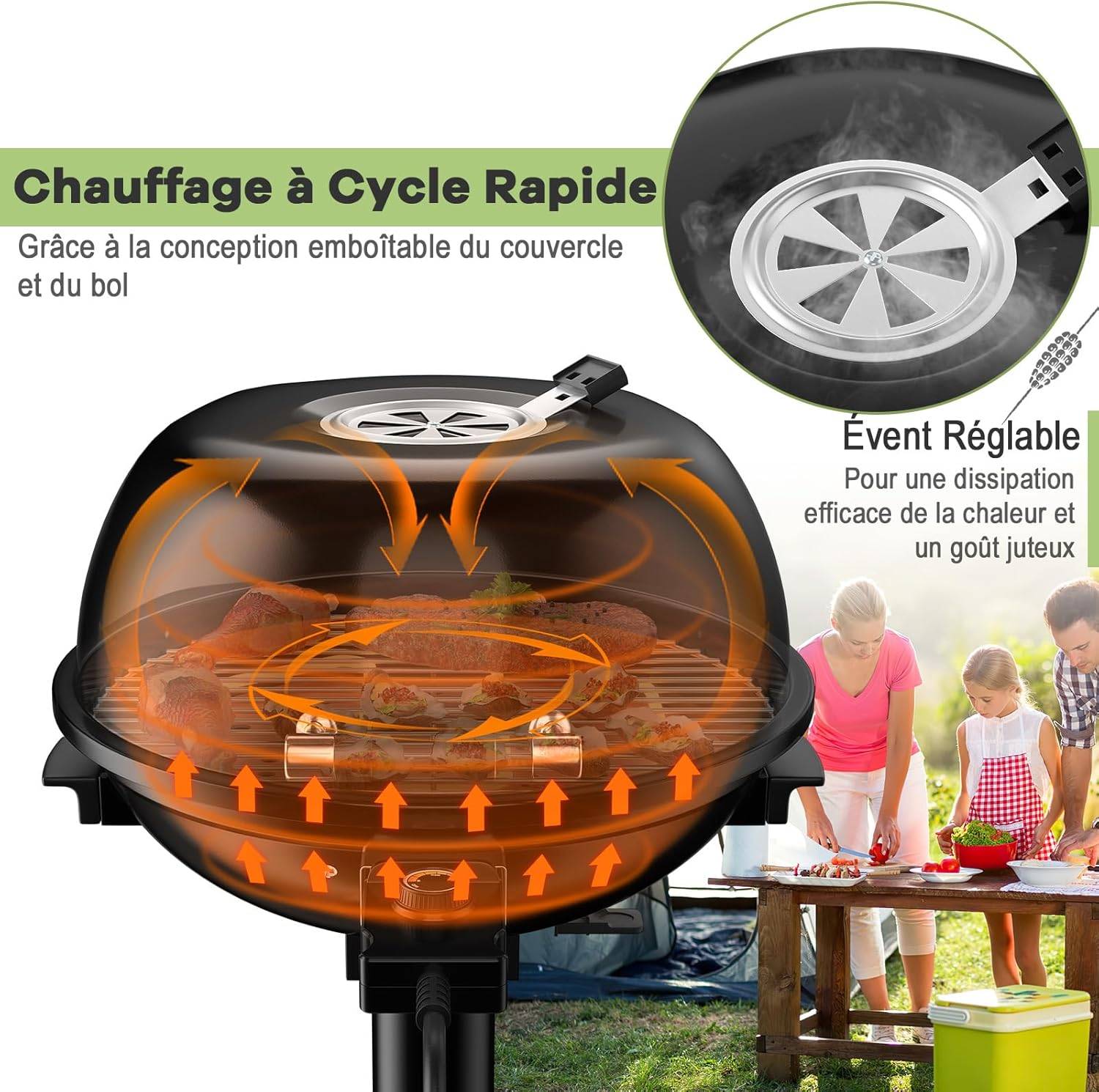 Barbecue Électrique Extérieur 1600 W, Grill Portatif sur Pied avec Grille Amovible Antiadhésive Température Réglable, Idéal pour Cuisson Balcon Terras - Image 3