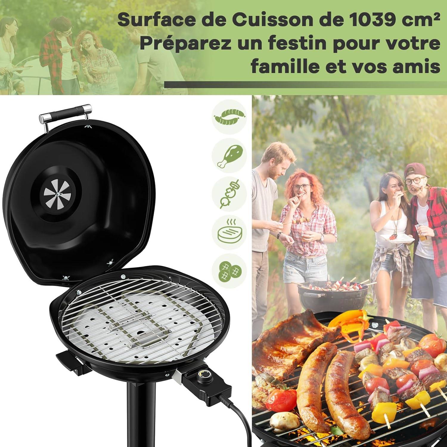Barbecue Électrique Extérieur 1600 W, Grill Portatif sur Pied avec Grille Amovible Antiadhésive Température Réglable, Idéal pour Cuisson Balcon Terras - Image 5