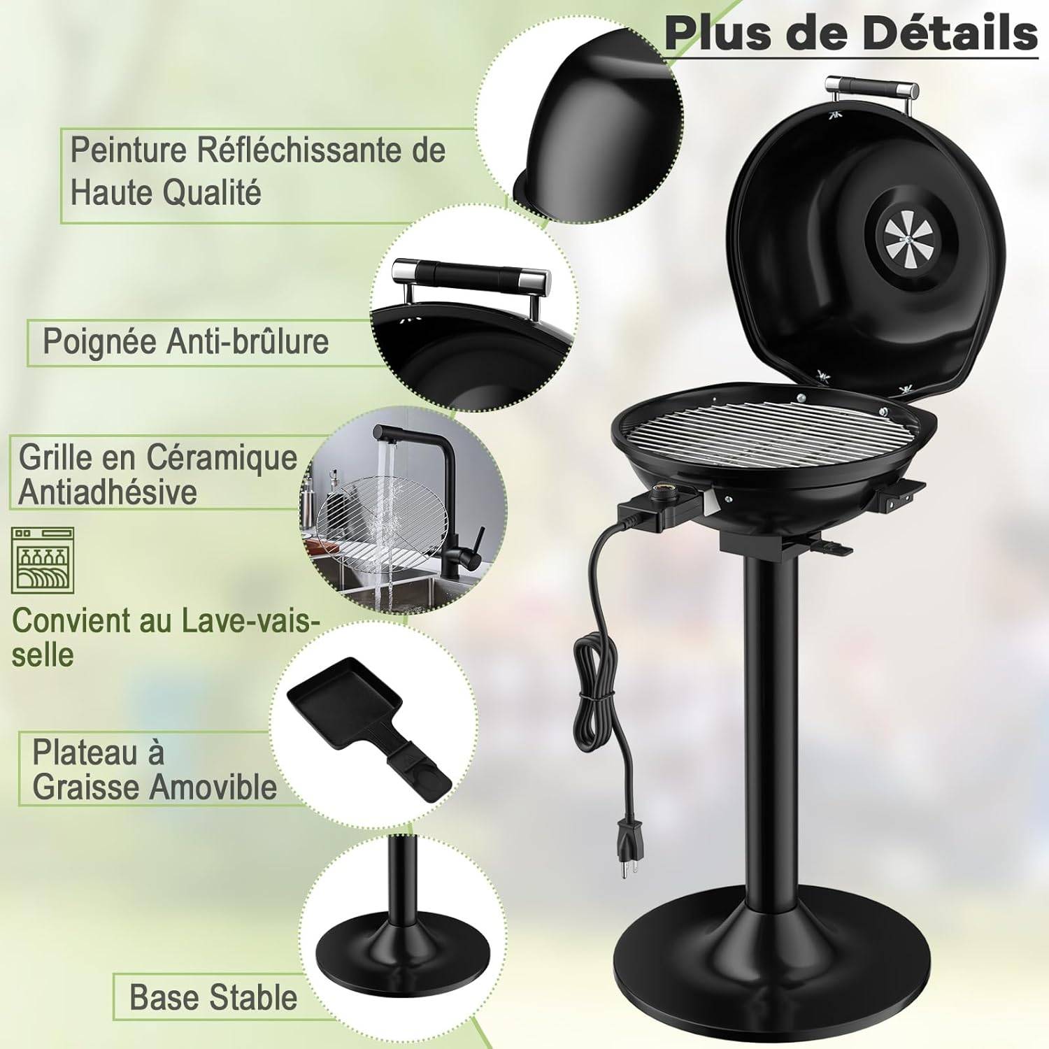 Barbecue Électrique Extérieur 1600 W, Grill Portatif sur Pied avec Grille Amovible Antiadhésive Température Réglable, Idéal pour Cuisson Balcon Terras - Image 2