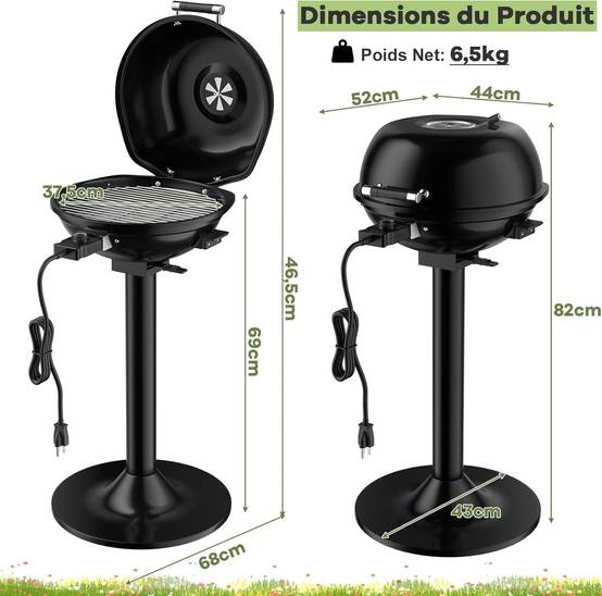 Barbecue Électrique Extérieur 1600 W, Grill Portatif sur Pied avec Grille Amovible Antiadhésive Température Réglable, Idéal pour Cuisson Balcon Terras - Image 4