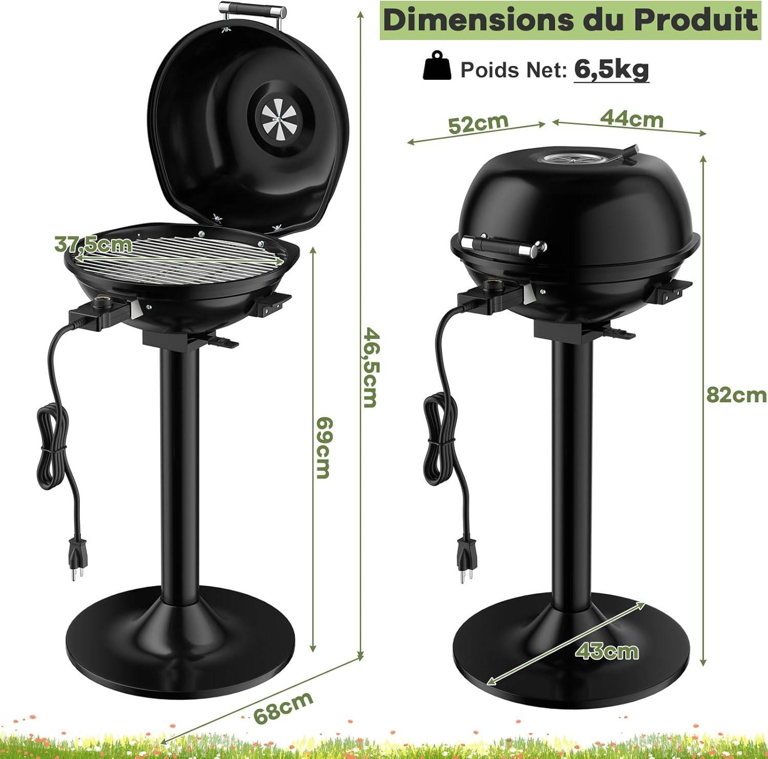 Barbecue Électrique Extérieur 1600 W, Grill Portatif sur Pied avec Grille Amovible Antiadhésive Température Réglable, Idéal pour Cuisson Balcon Terras - Image 4