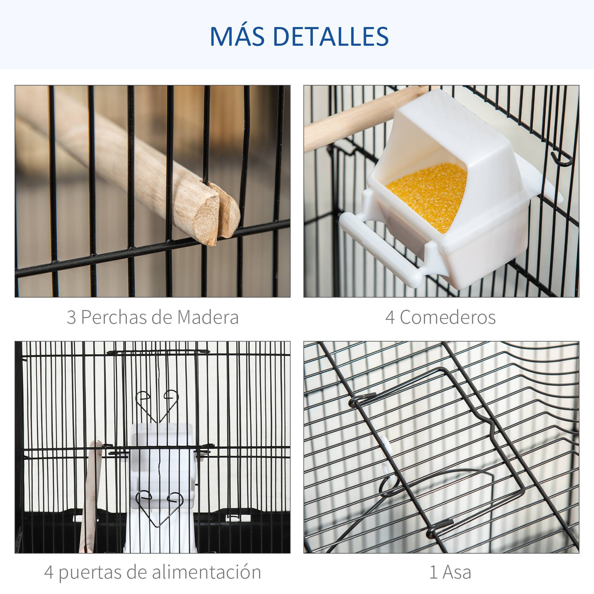 Cage à oiseaux en métal Pajarera avec 4 mangeoires, 3 perchoirs Columpio et plateau amovible 46,5 x 35,5 x 92 cm Noir - Image 6