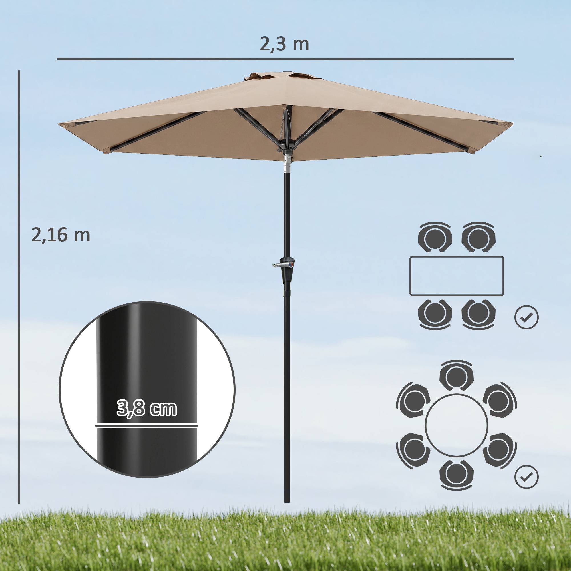 Parasol de jardin inclinable Ø230 x 216 cm, ouverture manuelle, imperméable, couleur kaki, pour terrasse et piscine - Image 5