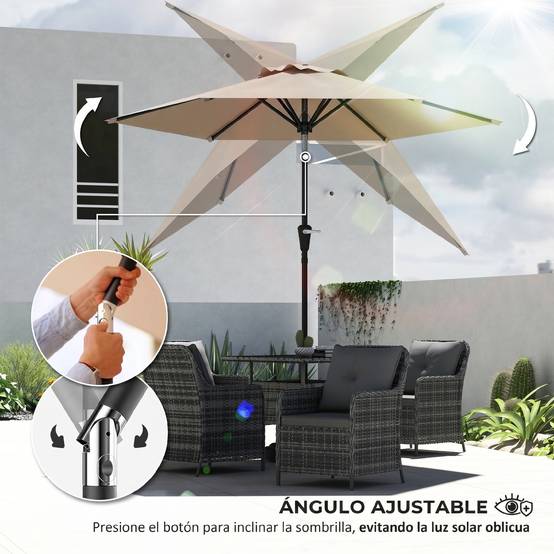 Parasol de jardin inclinable Ø230 x 216 cm, ouverture manuelle, imperméable, couleur kaki, pour terrasse et piscine - Image 7