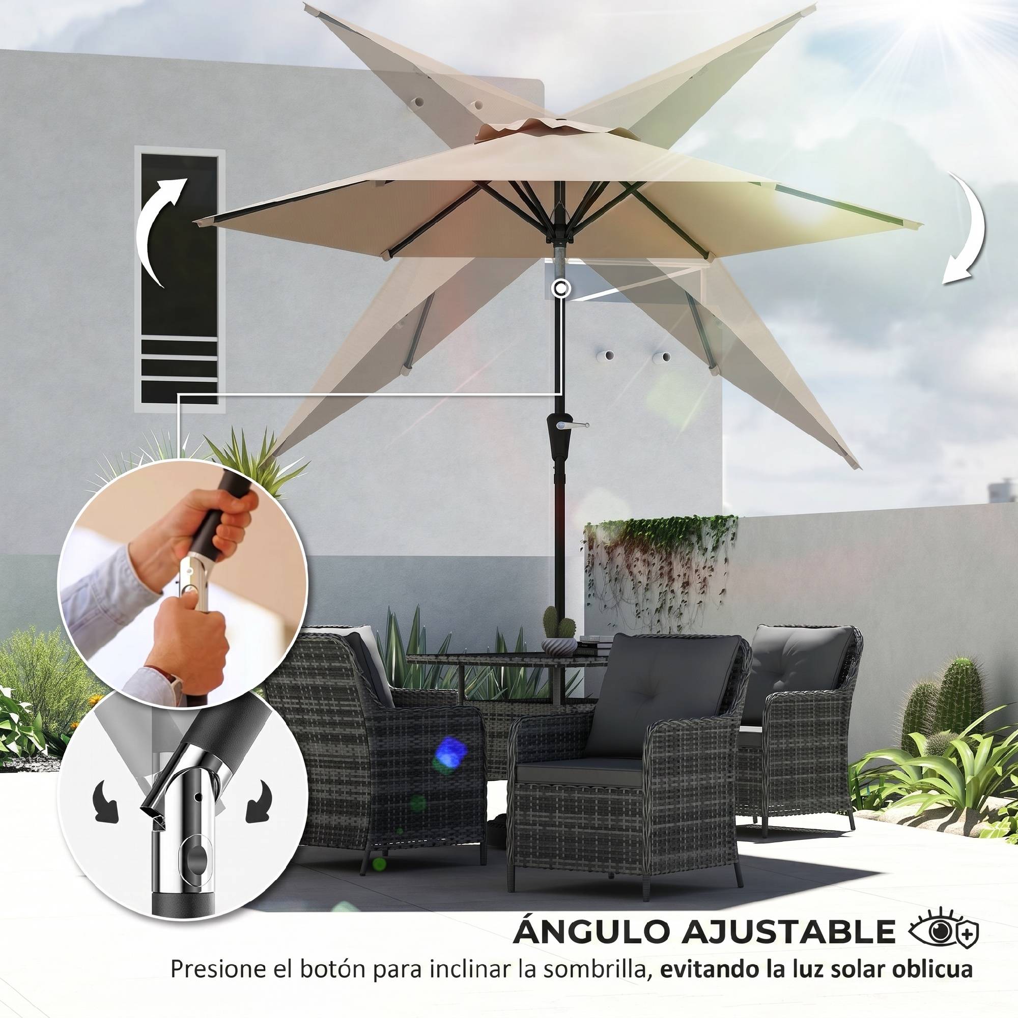 Parasol de jardin inclinable Ø230 x 216 cm, ouverture manuelle, imperméable, couleur kaki, pour terrasse et piscine - Image 7
