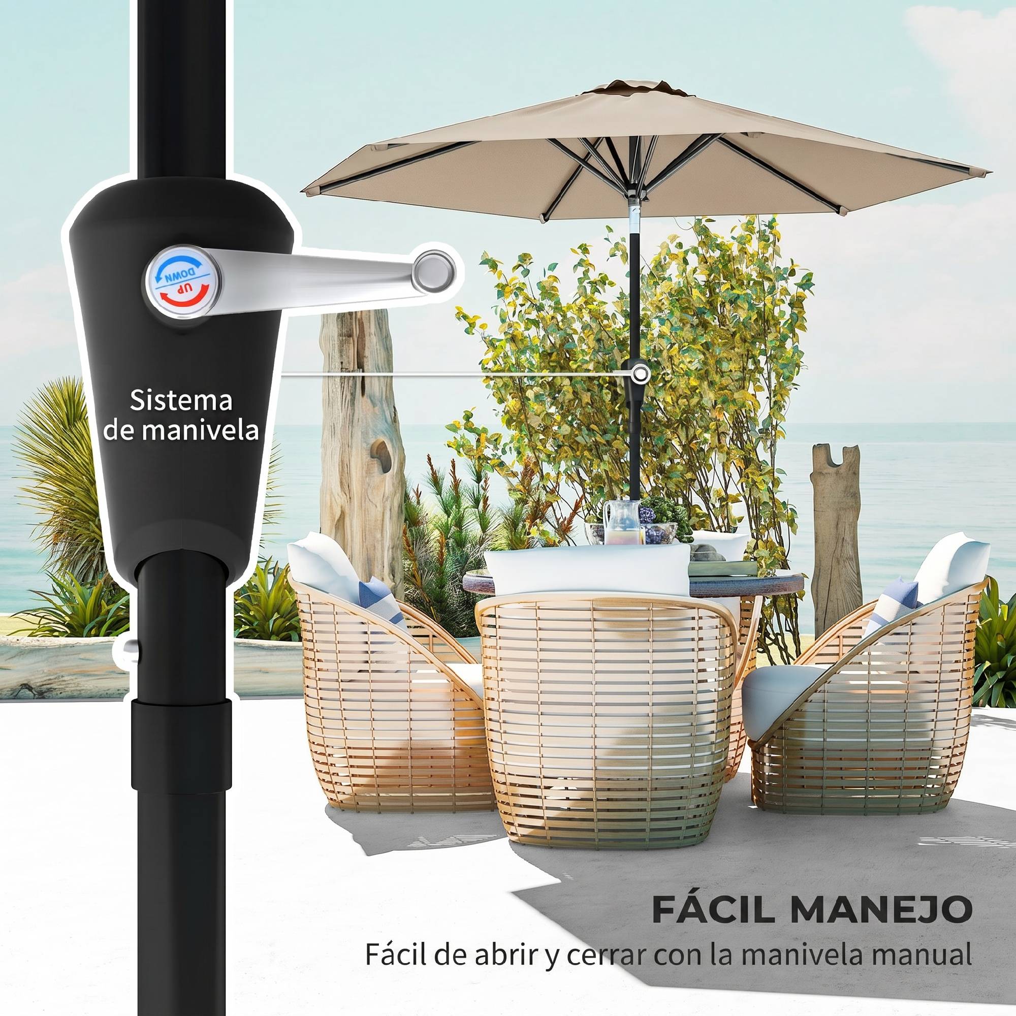 Parasol de jardin inclinable Ø230 x 216 cm, ouverture manuelle, imperméable, couleur kaki, pour terrasse et piscine - Image 6