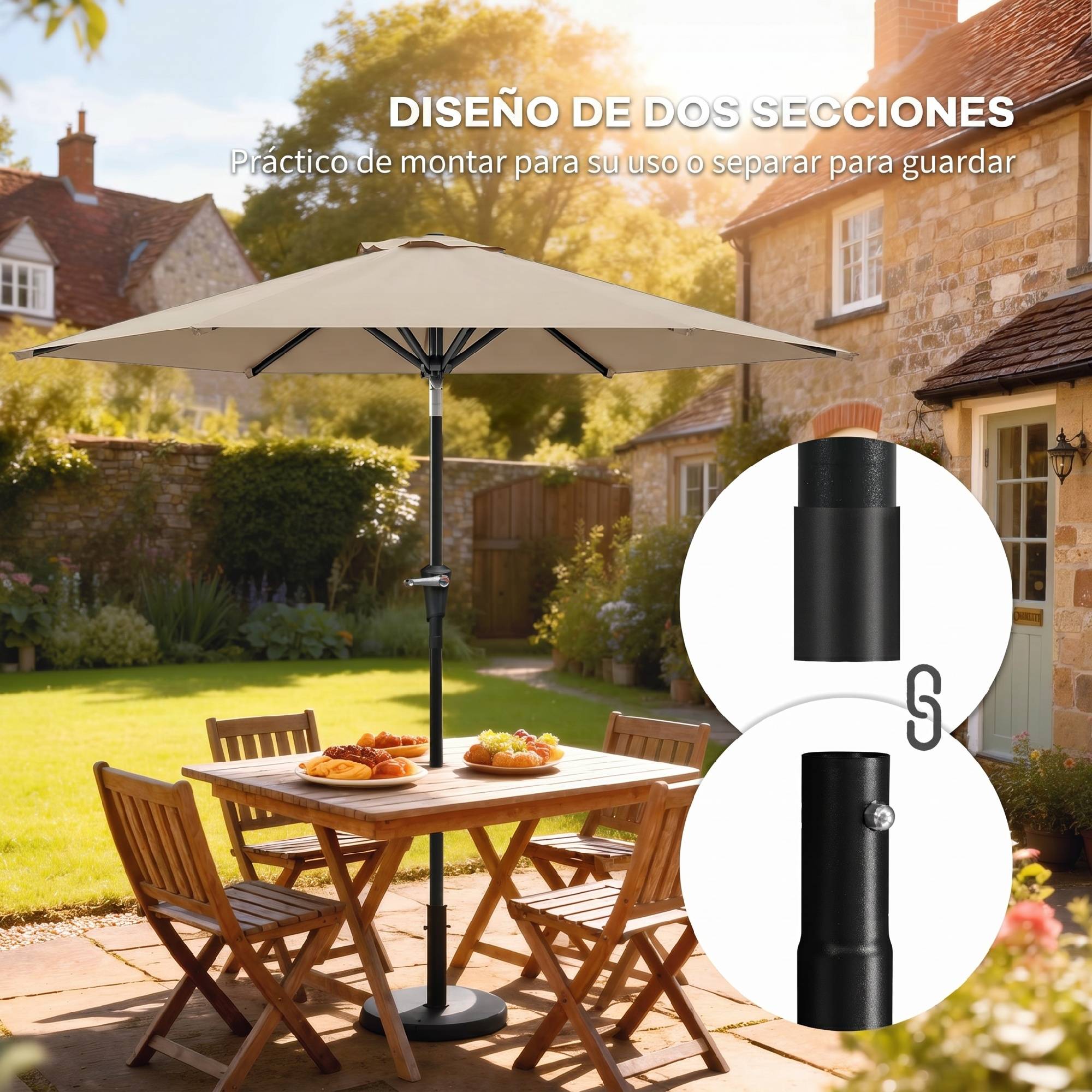 Parasol de jardin inclinable Ø230 x 216 cm, ouverture manuelle, imperméable, couleur kaki, pour terrasse et piscine - Image 9