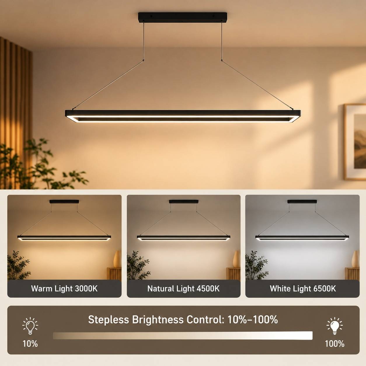 Suspension LED Dimmable Télécommande pour Salle à Manger Noire - Image 2