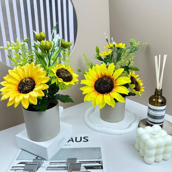 Tournesol Artificiel de Haute Qualité avec Pot Gris - Décoration Réaliste pour Intérieur - L - Lytech - Image 3