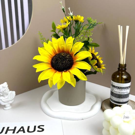 Tournesol Artificiel de Haute Qualité avec Pot Gris - Décoration Réaliste pour Intérieur - L - Lytech - Image 1