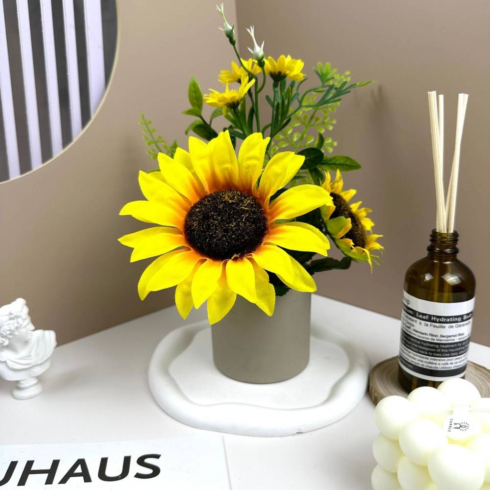 Tournesol Artificiel de Haute Qualité avec Pot Gris - Décoration Réaliste pour Intérieur - L - Lytech - Image 1