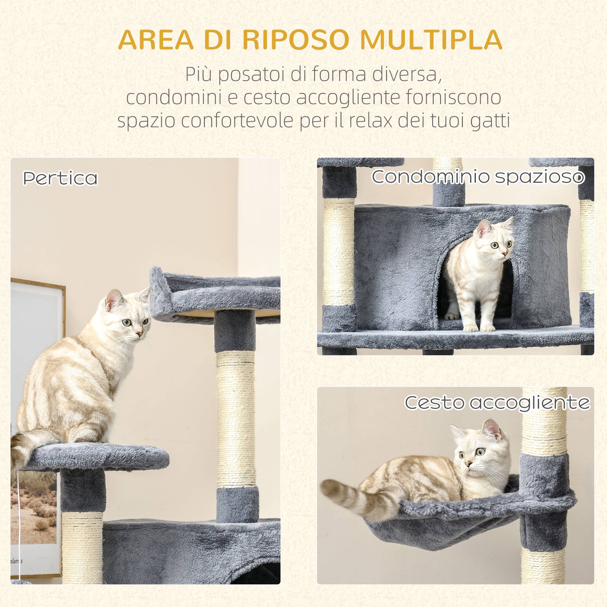 Sans Marque - Arbre chat haut niches hamacs 60x60x200 cm gris clair - Image 8