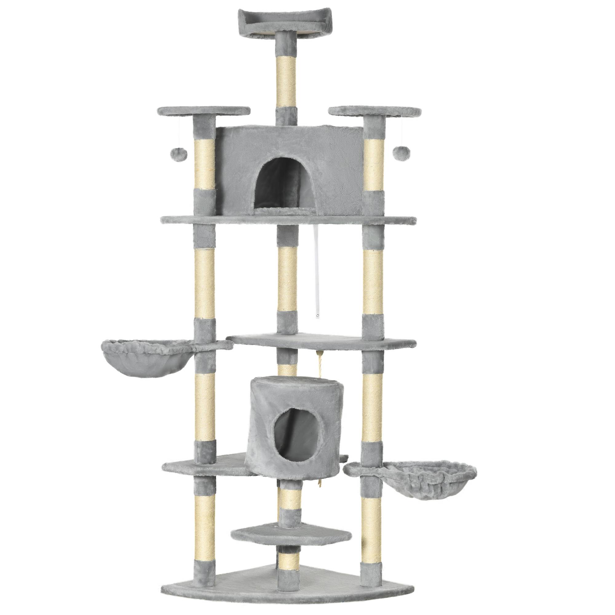 Sans Marque - Arbre chat haut niches hamacs 60x60x200 cm gris clair - Image 2