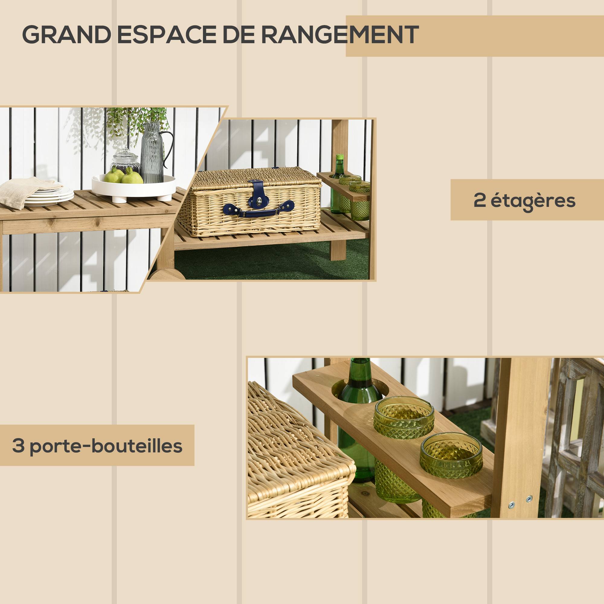 Desserte chariot plancha Bois sapin Cuisine Jardin Rangement bouteilles 95x47cm - ComfortXL Outdoor Living - Image 6
