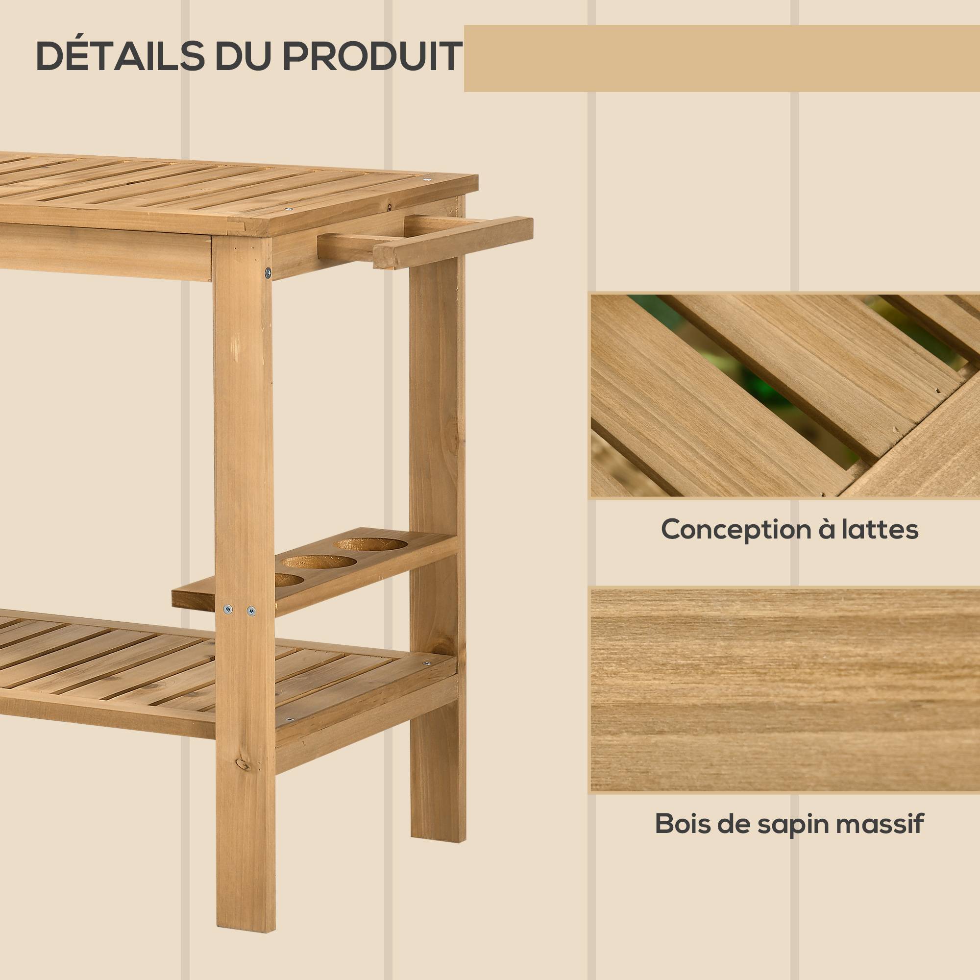 Desserte chariot plancha Bois sapin Cuisine Jardin Rangement bouteilles 95x47cm - ComfortXL Outdoor Living - Image 8