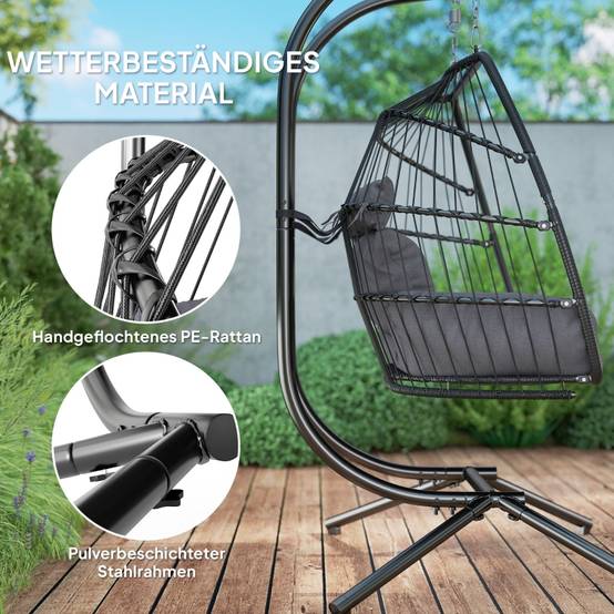 Fauteuil suspendu pliable avec structure pour 2 personnes en polyrotin pour balcon et terrasse gris foncé - Image 5