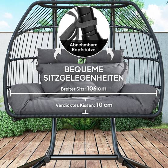 Fauteuil suspendu pliable avec structure pour 2 personnes en polyrotin pour balcon et terrasse gris foncé - Image 6