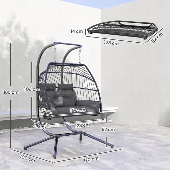 Fauteuil suspendu pliable avec structure pour 2 personnes en polyrotin pour balcon et terrasse gris foncé - Image 3