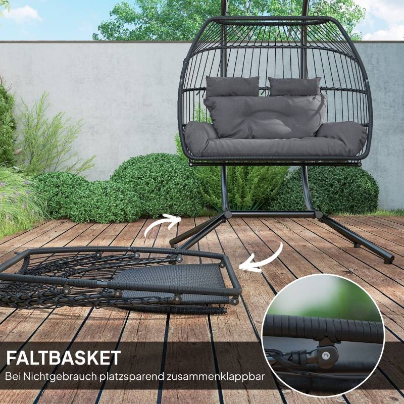 Fauteuil suspendu pliable avec structure pour 2 personnes en polyrotin pour balcon et terrasse gris foncé - Image 7