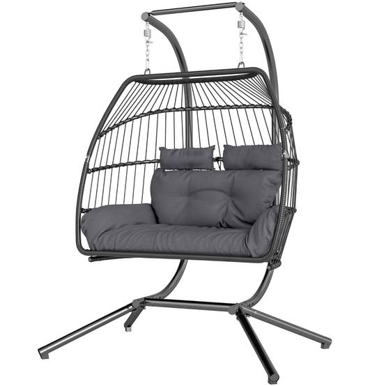 Fauteuil suspendu pliable avec structure pour 2 personnes en polyrotin pour balcon et terrasse gris foncé - Image 1