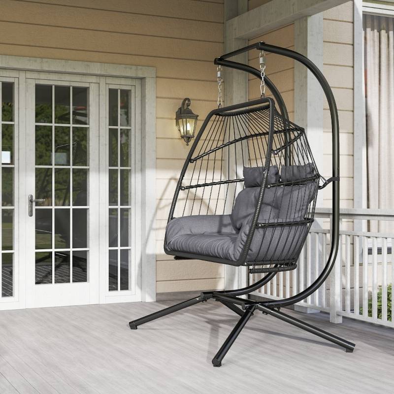 Fauteuil suspendu pliable avec structure pour 2 personnes en polyrotin pour balcon et terrasse gris foncé - Image 8