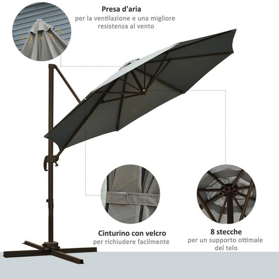 Parasol de jardin à manivelle et 8 baleines avec angle réglable, Ø2,95x2,5 m, gris - Image 8
