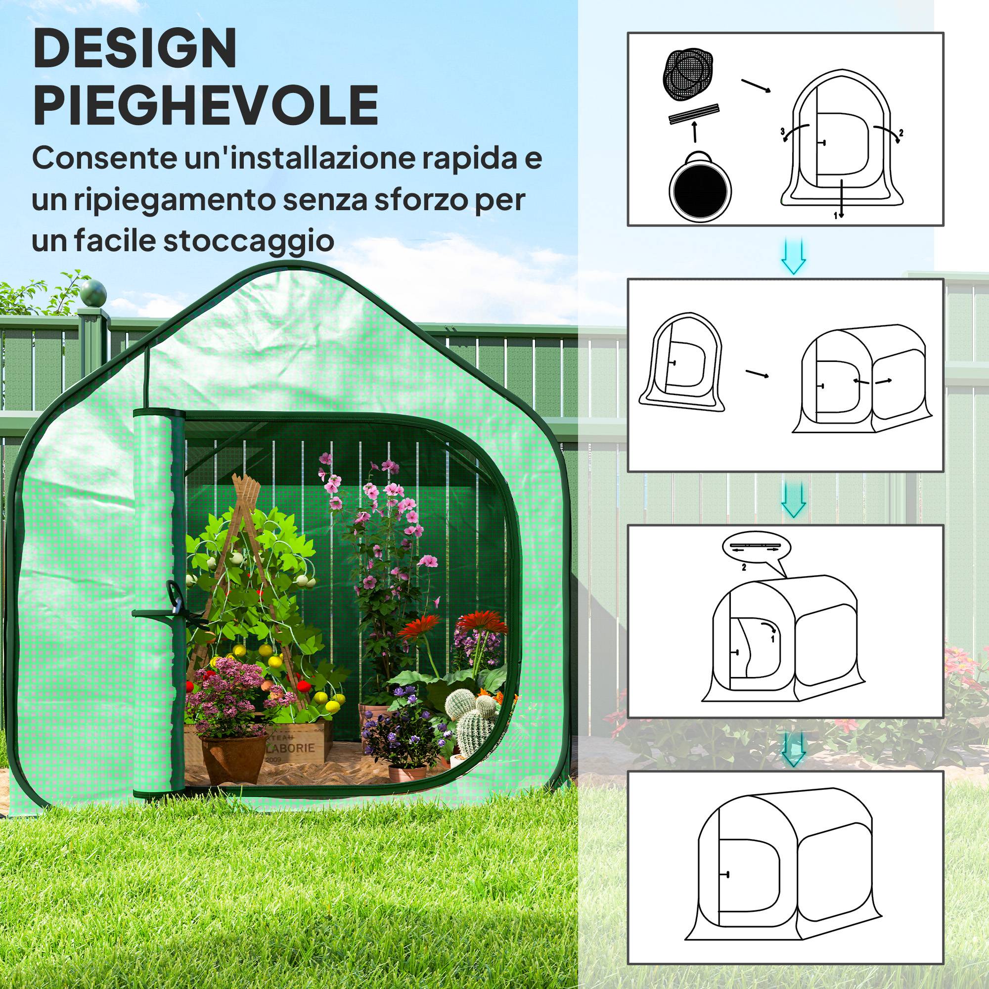 Serre maisonnette pliable entrée charnière, acier et PE, 150x148x148 cm, verte - Image 6