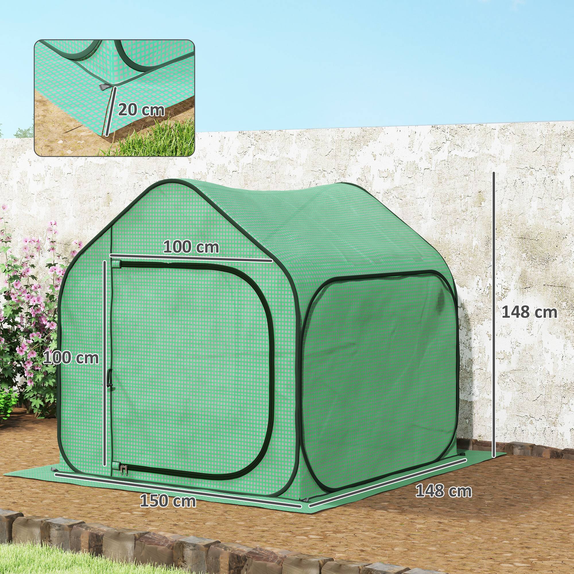 Serre maisonnette pliable entrée charnière, acier et PE, 150x148x148 cm, verte - Image 5