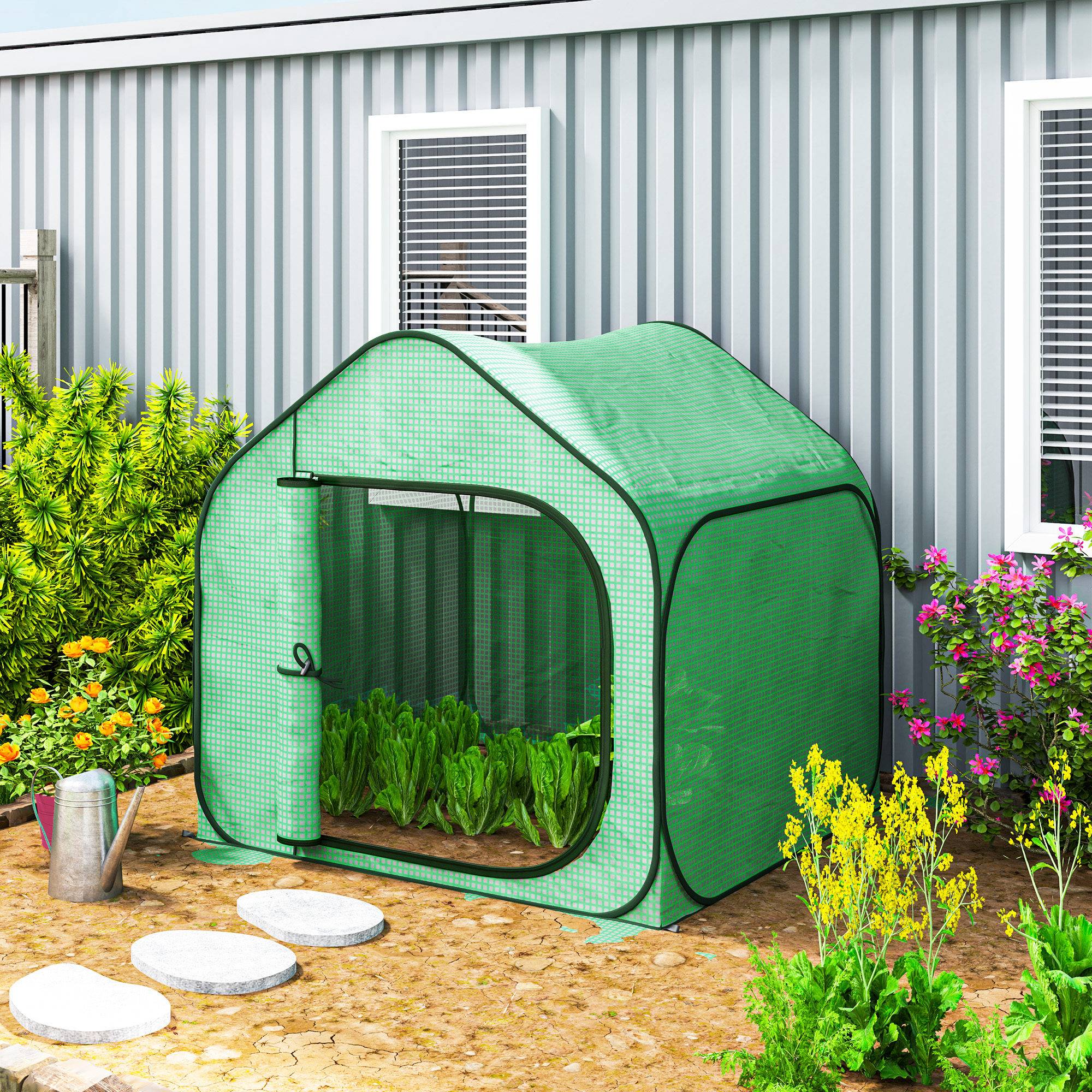 Serre maisonnette pliable entrée charnière, acier et PE, 150x148x148 cm, verte - Image 3
